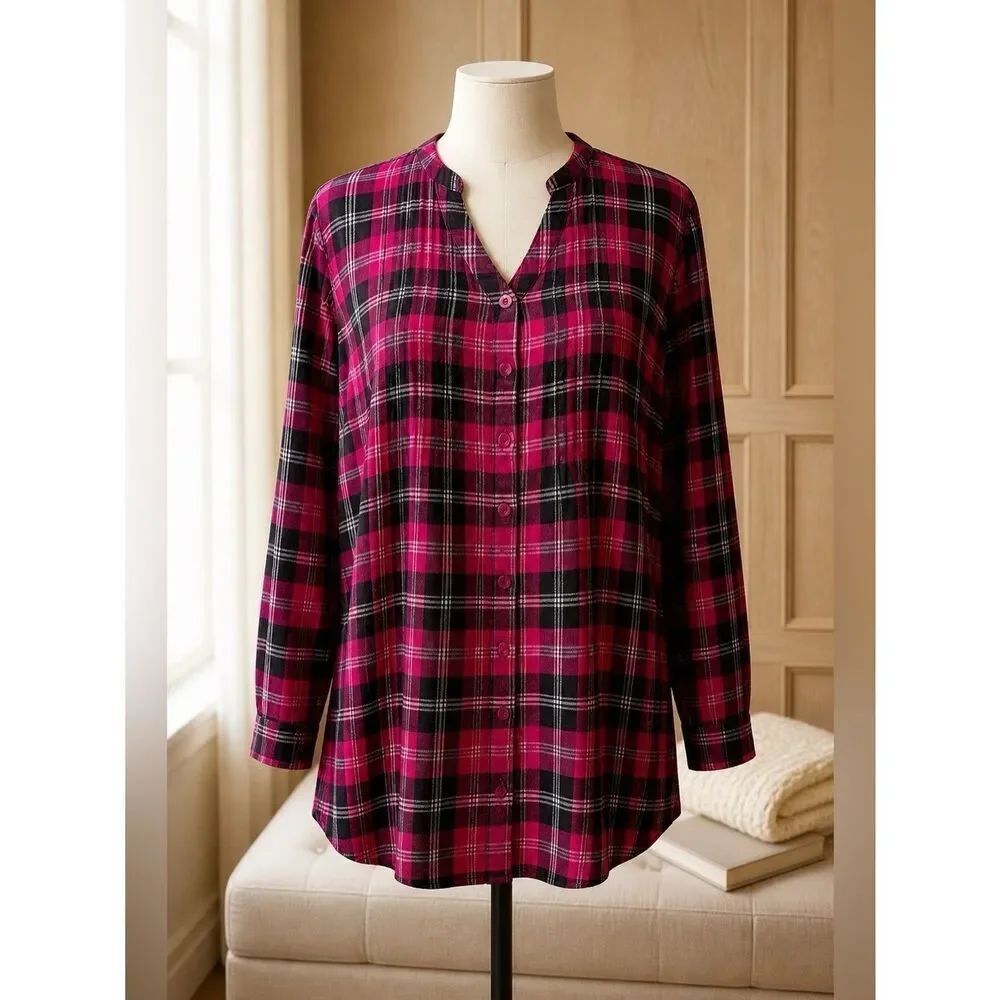 Woman Within Pink and Black Plaid Pleated Flannel Shirt Size Large